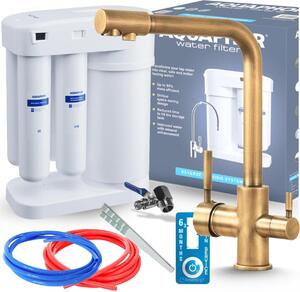 Rubinetto da cucina a 3 vie Ari Venom 1 con filtro a osmosi inversa Morion, doppia canna girevole, finitura ottone, per lavello