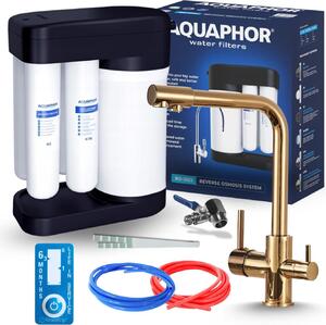 Rubinetto da cucina a 3 vie Ari Venom 1 con doppia canna per acqua filtrata, ottone dorato lucido, girevole, attacco filtro, monoforo