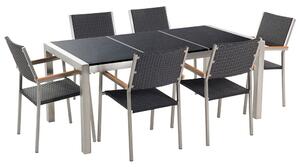 Set da pranzo da giardino Nero con piano in granito Nero sedie in rattan 6 posti 180 x 90 cm piastra tripla Beliani