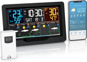 Stazione meteo Brandson con sensore da esterno, stazione meteo wireless con display a colori, Wlan/WIFI, app previsioni meteo, indice UV, barometro, umidità, sveglia