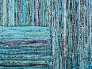 Tappeto tappetino Rag Blu Turchese Strisce Cotone 140 x 200 cm Rettangolare Tessuto a Mano Beliani