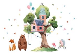 Adesivo murale per bambini Albero gigante e capanna della felicità, 90 x 120 cm - Ambiance