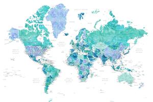 Mappa Aquamarine and blue watercolor detailed world map, Blursbyai