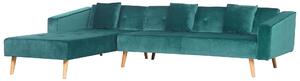Divano letto ad angolo con 3 cuscini Rivestimento in velluto verde Gambe in legno chiaro Chaise longue reclinabile versione destra a 4 posti Beliani