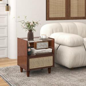 Costway Comodino in bambù e rattan con cassetto e gambe in legno massello, Tavolino da salotto boho 43x35x50cm Marrone 1 Pezzo