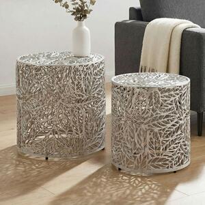 WOHNLING Set di 2 tavolini rotondi in alluminio con motivo decorativo a foglie Tavolino moderno Tavolino da salotto Tavolino da caffè Set di tavolini da salotto di design