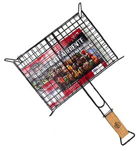 Griglia Doppia per Barbecue 27x37 cm con Piedini Rivestimento Antiaderente e Manico in Legno