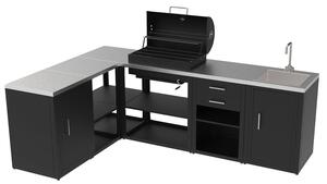 Composizione 6 Moduli Cucina BBQ + Armadietto con Cassetti + Mobile Lavandino + Armadietto con Anta + Unità d'Angolo x 2 Top in Acciaio Inox Nero