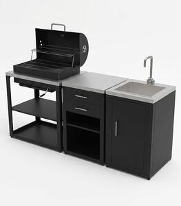 Composizione 3 Moduli Cucina BBQ + Armadietto con Cassetti + Mobile Lavandino Top in Acciaio Inox Nero