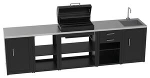 Composizione 5 Moduli Cucina BBQ + Armadietto con Cassetti + Mobile Lavandino + Armadietto con Anta + Unità d'Angolo Top in Acciaio Inox Nero