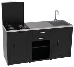 Composizione 3 Moduli Cucina Cucina 3 Fuochi a Gas + Armadietto con Cassetti + Mobile Lavandino Top in Acciaio Inox Nero