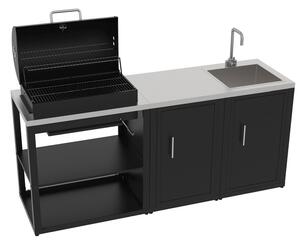 Composizione 3 Moduli Cucina BBQ + Armadietto con Anta + Mobile Lavandino Top in Acciaio Inox Nero