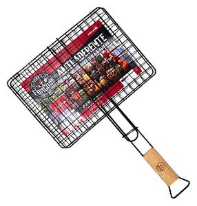 Griglia Doppia per Barbecue 27x37 cm Senza Piedini con Rivestimento Antiaderente e Manico in Legno
