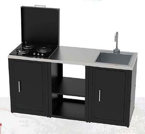 Composizione 3 Moduli Cucina Cucina 3 Fuochi a Gas + Unità d'Angolo + Mobile Lavandino Top in Acciaio Inox Nero