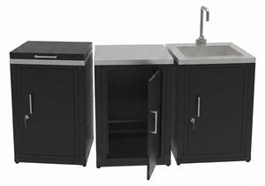 Composizione 3 Moduli Cucina Cucina 3 Fuochi a Gas + Armadietto con Anta + Mobile Lavandino Top in Acciaio Inox Nero