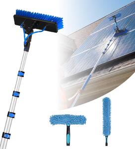Spazzola per la pulizia di pannelli solari e impianti fotovoltaici - Kit di pulizia telescopico - Telescopio in alluminio estensibile da 1,8 a 7,3 metri - Tubo da giardino da 20 metri - Spazzola rotante a 180° - Raschietto e dispenser per sapone