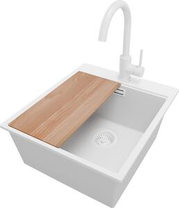 Lavello in granito PRIMAGRAN Tutto bianco 43x50cm, lavello 1 vasca + rubinetto da cucina 32x20cm + set di scarico + tagliere, lavello da cucina da base 45 cm - Oslo
