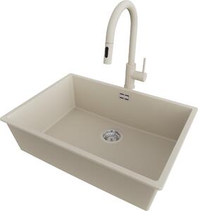 PRIMAGRAN lavello sottopiano in granito beige 66x47cm, lavello 1 vasca + rubinetto cucina 40x20cm + set di scarico, lavello in granito da base 70 cm - London