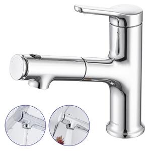 Rubinetto per lavabo, miscelatore monocomando, soffione estraibile, 3 getti d'acqua, cromato