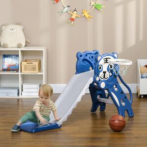 AIYAPLAY Scivolo per Bambini 18-36 Mesi con Canestro da Basket Laterale in PE, 133x60x70 cm, Blu e Grigio