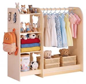 Armadio per bambini in legno - Appendiabiti per bambini con specchio - Barra appendiabiti e ripiani - Armadio per costumi - 120x40x106 cm - Legno naturale