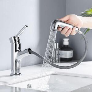 Rubinetto per lavabo cromato, estensibile, con 2 getti d'acqua, in ottone, dotato di aeratore removibile