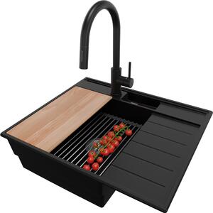 Lavello in granito PRIMAGRAN nero 62x53 cm, lavello a 1 vasca + set di scarico + set di accessori da cucina, lavello da cucina per mobile sottolavello da 45 cm - Sydney Pocket