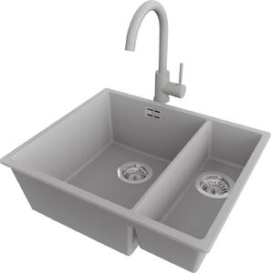 Lavello in granito PRIMAGRAN grigio 56x47cm, lavello da 1,5 vasche + rubinetto da cucina 32x20cm + set di scarico, lavello da cucina da base 60 cm - London Slim Duo
