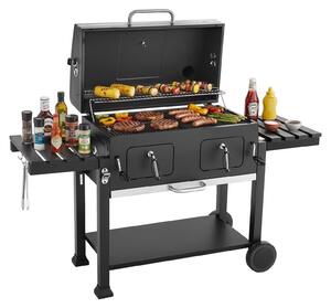 Griglia a carbone - Carrello per barbecue - Superficie di cottura: 0,50 m² - Doppie vasche per carbone, con altezza regolabile - Tavoli laterali pieghevoli - Acciaio rivestito a polvere, resistente al calore
