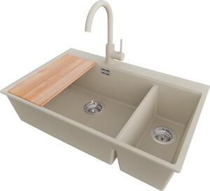 Lavello PRIMAGRAN in granito beige 78x50cm, lavello con 2 vasche + rubinetto da cucina 32x20cm + set di scarico + tagliere, lavello da cucina da base 80 cm - Oslo Duo