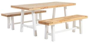 Set da pranzo da giardino Piano in legno chiaro Gambe bianche da esterno 3 pezzi Tavolo rettangolare in legno di acacia 2 panche Beliani