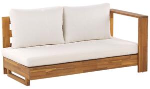 Divano angolare a 5 posti in legno di acacia chiaro cuscini bianchi e tavolino da esterno sinistro Beliani