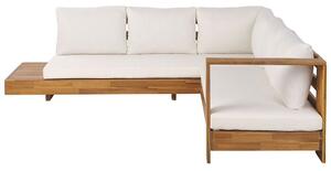 Divano angolare a 5 posti in legno di acacia chiaro cuscini bianchi e tavolino da esterno sinistro Beliani