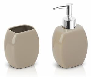 Set accessori bagno da appoggio dispenser e porta spazzolini in ceramica  tortora