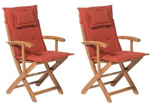 Set di 2 sedie da pranzo da giardino in legno chiaro con cuscino rosso struttura in legno di acacia pieghevole design rustico Beliani