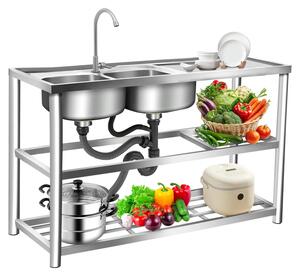 Lavello a due vasche indipendente - Acciaio inossidabile 201 - 3 livelli - Con rubinetto - 2 fori per il rubinetto - 119,4 × 45 × 80 cm - Argento