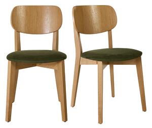 Sedie vintage in legno chiaro rovere e tessuto effetto velluto testurizzato verde kaki (lotto di 2) LUCIA