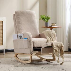 Poltrona a dondolo - Schienale alto - Imbottita - Poggiapiedi - Tasche laterali - Struttura in legno - Beige