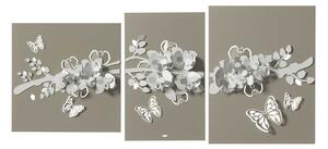 Arti e Mestieri Pannello da parete in metallo composto 3 pezzi con ramo fiorito in rilievo Ramo fiorito Metallo Sabbia/Bianco Marmo Pannelli in Metallo Quadri per soggiorno