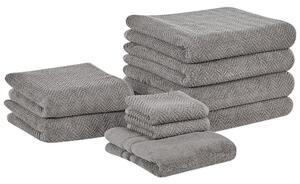 Set di 9 asciugamani in morbido cotone grigio con motivo a spina di pesce stile varie dimensioni classico ospiti bagno Beliani