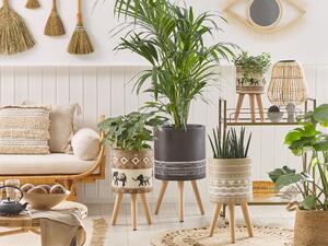 Supporto per piante in ceramica beige rotondo 30 x 30 cm gambe in legno massello moderno scandinavo alto vaso per piante Beliani