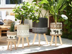 Supporto per piante in magnesio rotondo con base in legno massello rustico con motivo a elefante. Vaso per piante alto Beliani