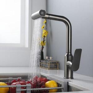 Rubinetto da cucina - Doccetta orientabile, effetto cascata, nero, regolabile in altezza, orientabile a 360°, moderna maniglia monocomando