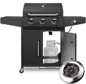 Barbecue a gas - Modello su ruote con 3+1 bruciatori - 24.000 BTU - Acciaio inossidabile - Bruciatore laterale e ripiano laterale - Colore nero