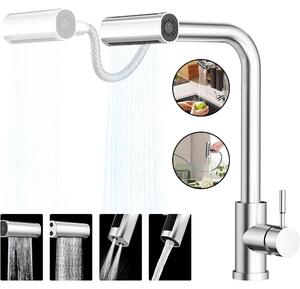 Miscelatore da cucina con erogatore a cascata, doccetta estraibile, 4 modalità di erogazione, installazione monoblocco, miscelatore monocomando, girevole a 360°