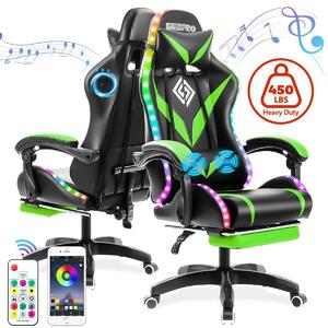 Sedia da gaming - Sedia da ufficio ergonomica - Con altoparlanti integrati - Rivestita in ecopelle - Dotata di poggiapiedi e illuminazione LED - Portata massima fino a 204 kg - Verde