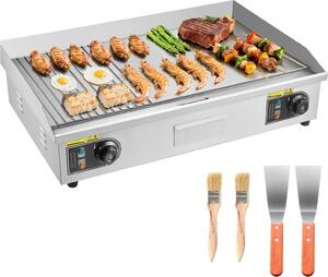 Piastra elettrica - Piastra da tavolo per ristorazione - Potenza 4400 W - Superficie di cottura 72,5 x 40 cm - Intervallo di temperatura 50-300 °C - Metà rigata/metà liscia - Incl. 2 spatole e 2 spazzole