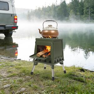 Camping Zeltofen: Stufa portatile in legno. Brucia legna e carbone. Adatta per 3-5 persone. Struttura in acciaio resistente alla ruggine, da appoggiare a terra. Dimensioni compatte: 22x22 cm. Colore: verde