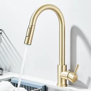 Miscelatore da cucina – Miscelatore estraibile per lavello – Rotazione a 360° – 2 tipi di getto – Acqua fredda e calda – Acciaio inossidabile 304 – Installazione monoblocco – Finitura oro spazzolato