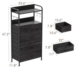 Comodino con 5 cassetti rivestiti in tessuto – Armadio contenitore – Struttura in legno – 2 ripiani e ganci – Ideale per camera da letto e armadio – Colore: nero